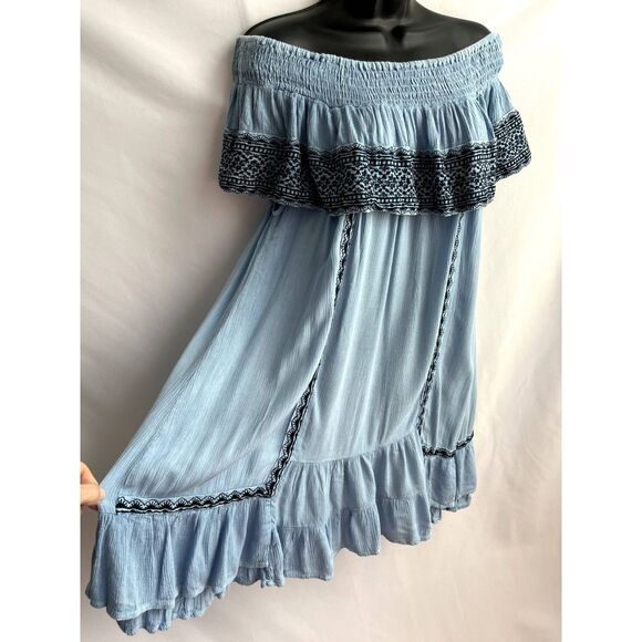Muche Muchette Off Shoulder Embroidered Blue Dress One Size Ethnic Boho Smocked - Picture 4 of 11